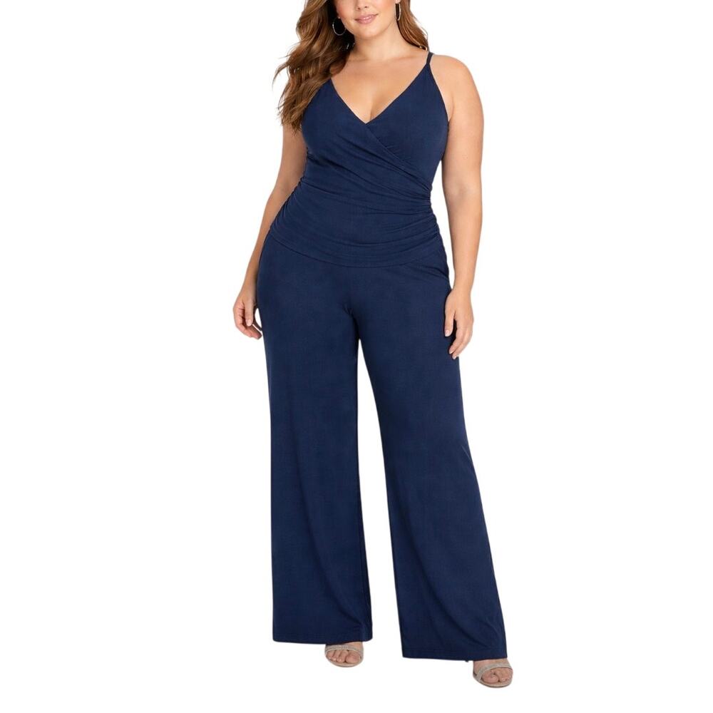 Dress the Population Sam Blue Jumpsuit Sleeveless V-Neck Wide Leg Pant Size XXL